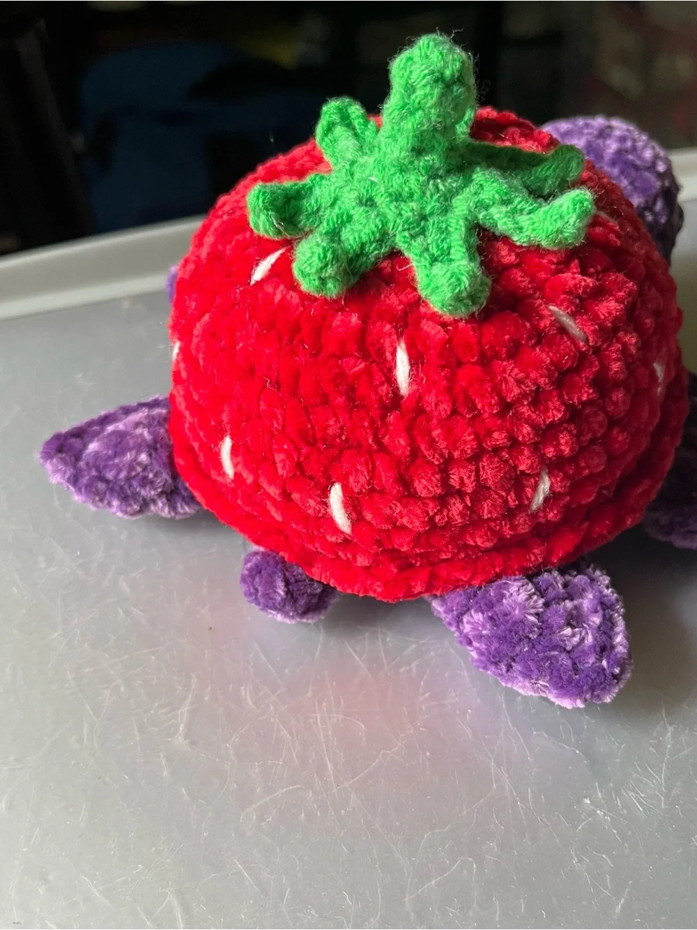 Plush Strawberry Turtle Toy - Purple & Red 6.5” Chenille yarn. New